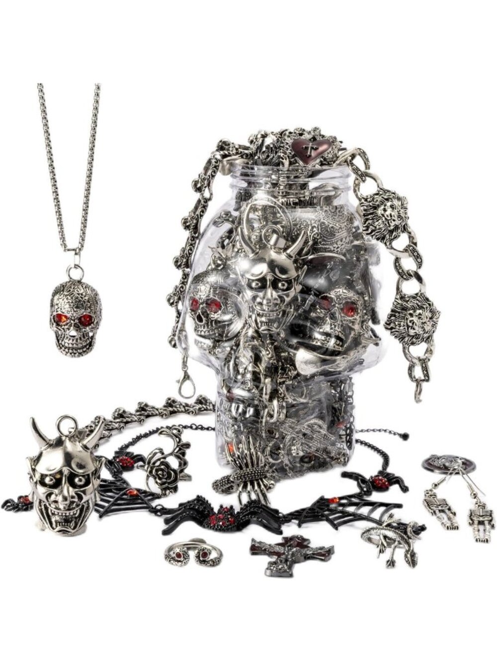 Gothic Mystery Jewelry Box - Spooky Skull, Bat & Cross Necklaces, Earrings